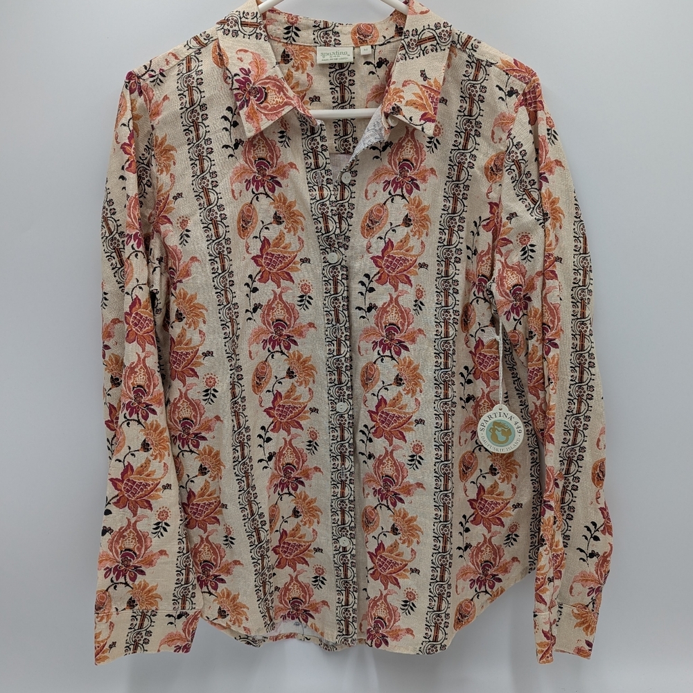 Spartina 449 Women's Callie Linen Shirt Medium Button Floral Boho cottage NWT
